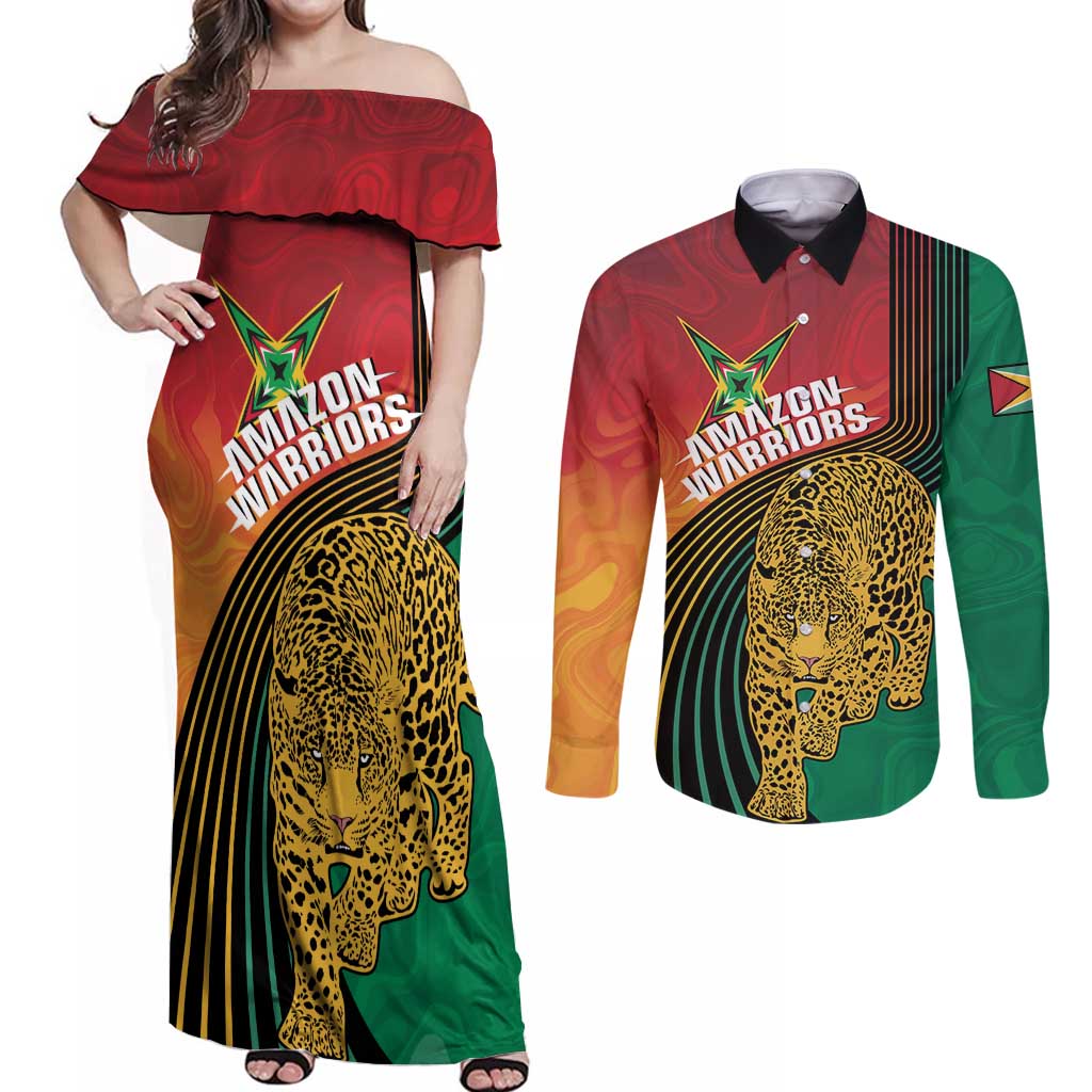 Guyana Cricket Amazon Warriors Personalized Couples Matching Off Shoulder Maxi Dress and Long Sleeve Button Shirt Fierce Jaguars - Wonder Print Shop