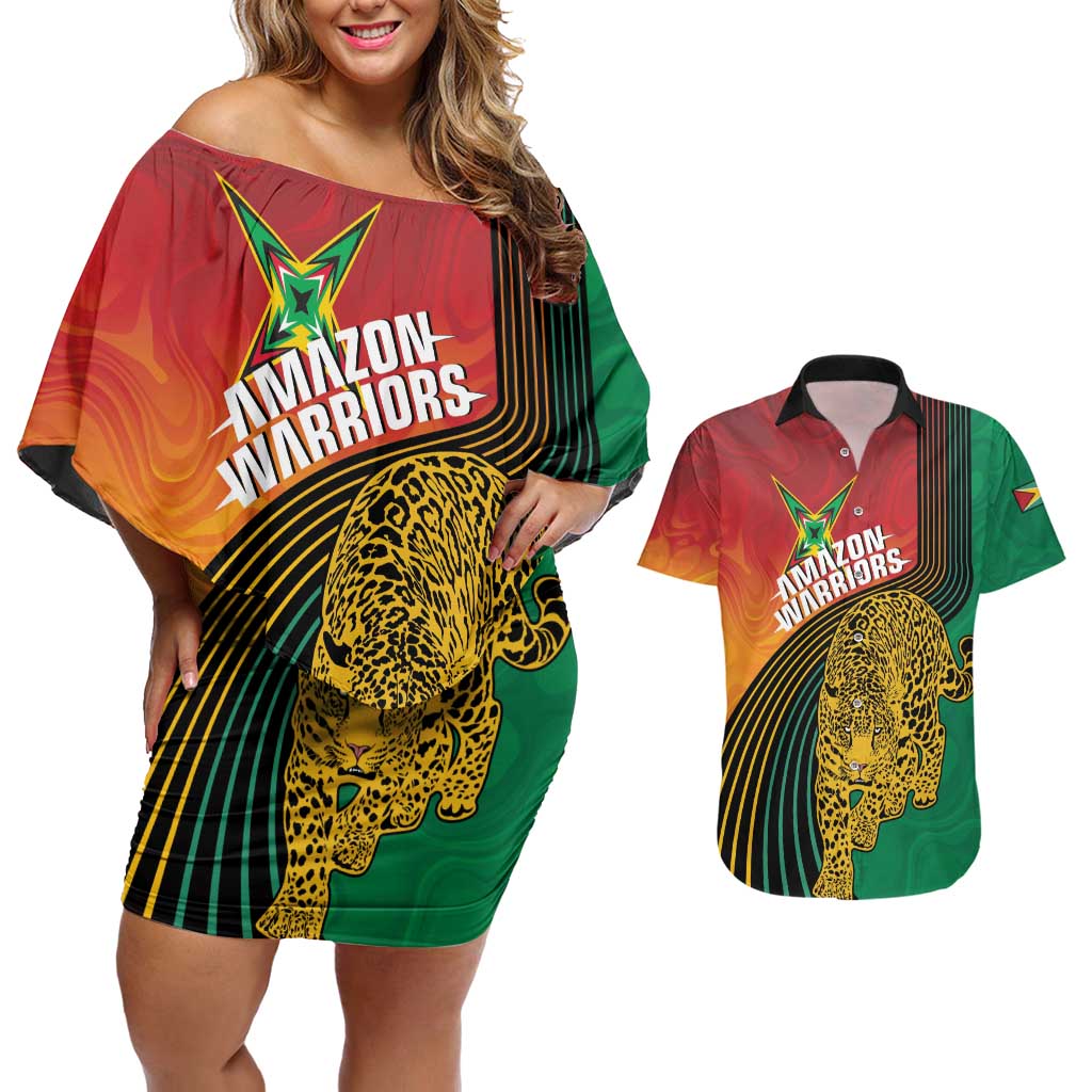 Guyana Cricket Amazon Warriors Personalized Couples Matching Off Shoulder Short Dress and Hawaiian Shirt Fierce Jaguars - Wonder Print Shop