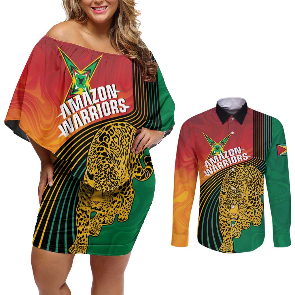 Guyana Cricket Amazon Warriors Personalized Couples Matching Off Shoulder Short Dress and Long Sleeve Button Shirt Fierce Jaguars - Wonder Print Shop