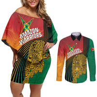 Guyana Cricket Amazon Warriors Personalized Couples Matching Off Shoulder Short Dress and Long Sleeve Button Shirt Fierce Jaguars - Wonder Print Shop