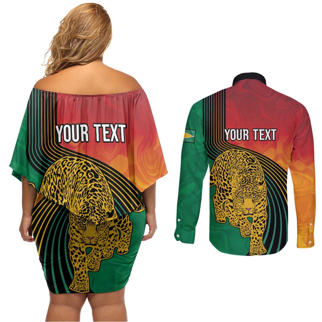 Guyana Cricket Amazon Warriors Personalized Couples Matching Off Shoulder Short Dress and Long Sleeve Button Shirt Fierce Jaguars - Wonder Print Shop
