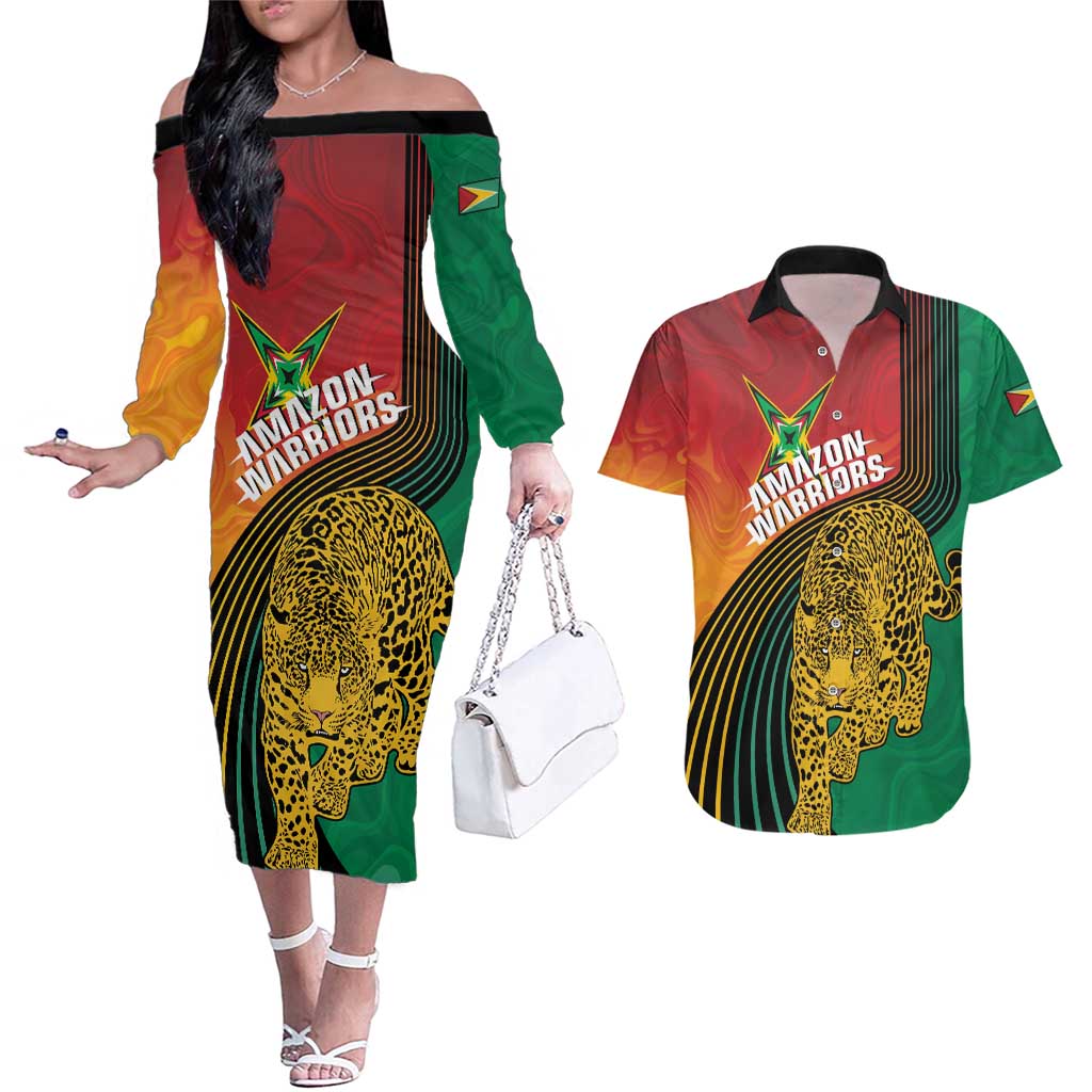 Guyana Cricket Amazon Warriors Personalized Couples Matching Off The Shoulder Long Sleeve Dress and Hawaiian Shirt Fierce Jaguars - Wonder Print Shop