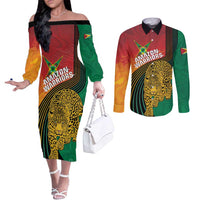 Guyana Cricket Amazon Warriors Personalized Couples Matching Off The Shoulder Long Sleeve Dress and Long Sleeve Button Shirt Fierce Jaguars - Wonder Print Shop