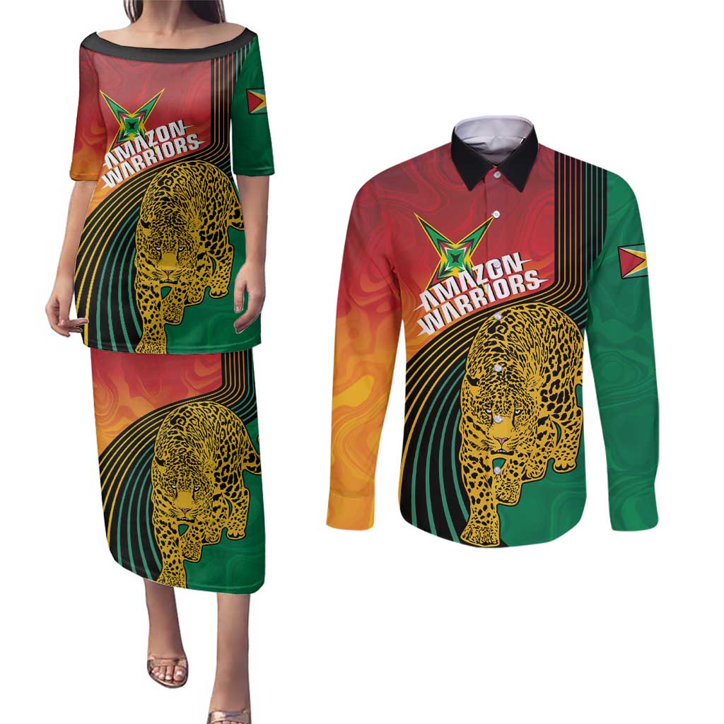 Guyana Cricket Amazon Warriors Personalized Couples Matching Puletasi and Long Sleeve Button Shirt Fierce Jaguars - Wonder Print Shop