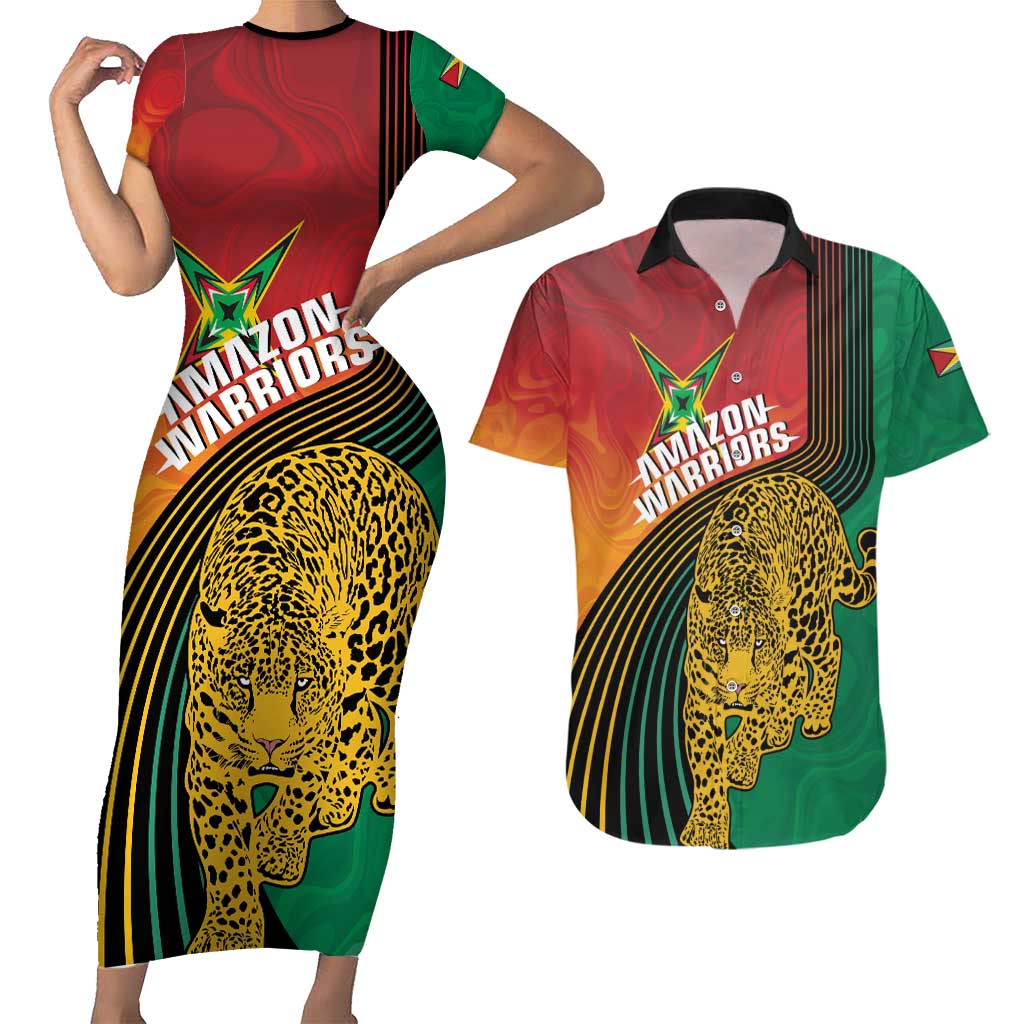 Guyana Cricket Amazon Warriors Personalized Couples Matching Short Sleeve Bodycon Dress and Hawaiian Shirt Fierce Jaguars - Wonder Print Shop