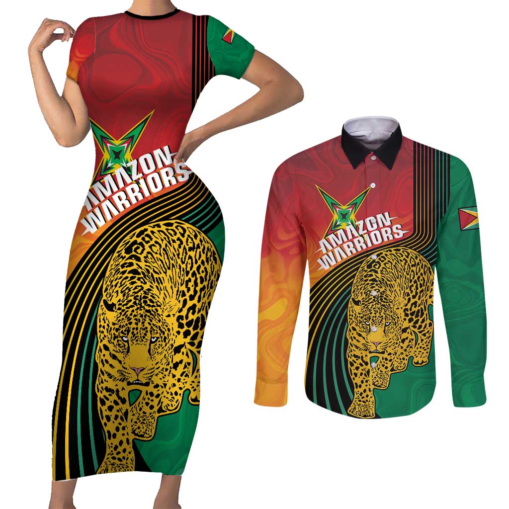 Guyana Cricket Amazon Warriors Personalized Couples Matching Short Sleeve Bodycon Dress and Long Sleeve Button Shirt Fierce Jaguars - Wonder Print Shop
