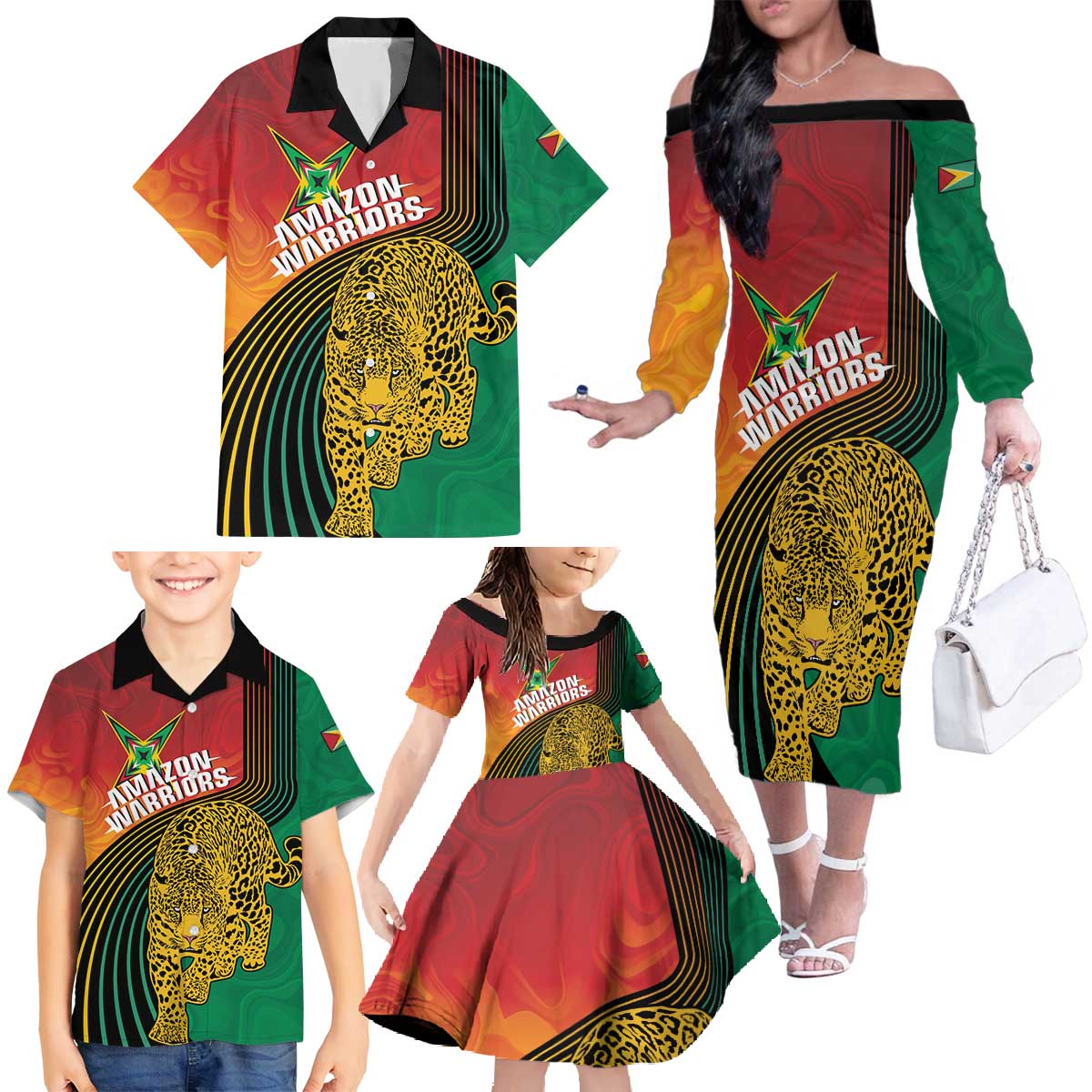Guyana Cricket Amazon Warriors Personalized Family Matching Off The Shoulder Long Sleeve Dress and Hawaiian Shirt Fierce Jaguars - Wonder Print Shop