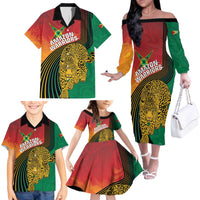Guyana Cricket Amazon Warriors Personalized Family Matching Off The Shoulder Long Sleeve Dress and Hawaiian Shirt Fierce Jaguars - Wonder Print Shop