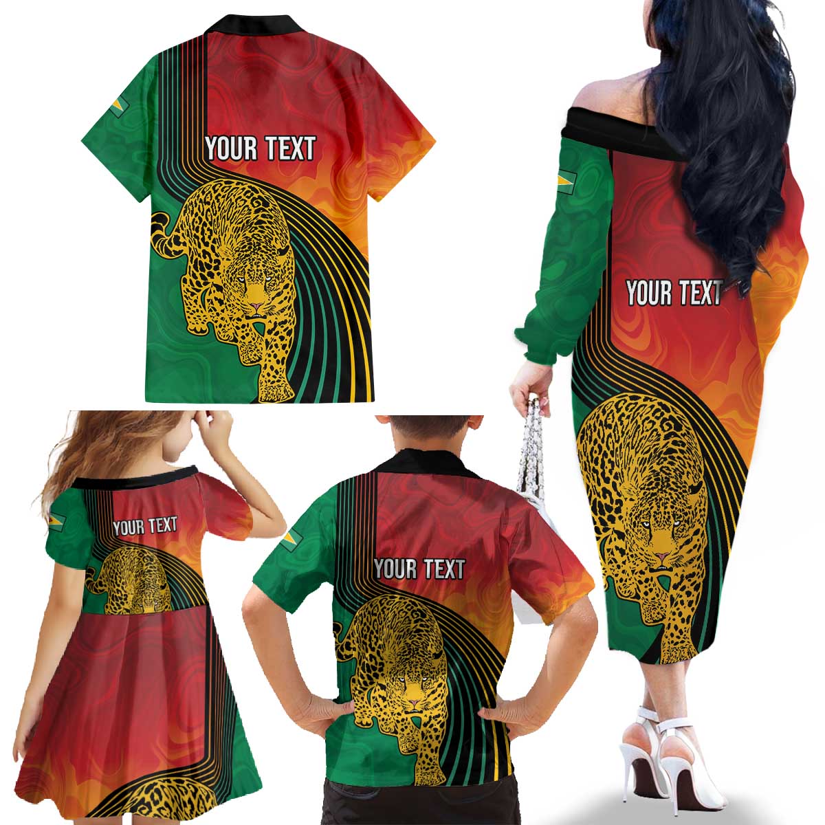 Guyana Cricket Amazon Warriors Personalized Family Matching Off The Shoulder Long Sleeve Dress and Hawaiian Shirt Fierce Jaguars - Wonder Print Shop