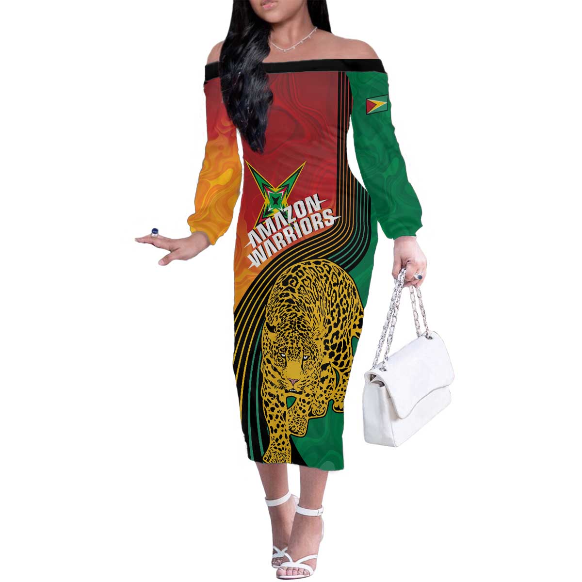 Guyana Cricket Amazon Warriors Personalized Family Matching Off The Shoulder Long Sleeve Dress and Hawaiian Shirt Fierce Jaguars - Wonder Print Shop