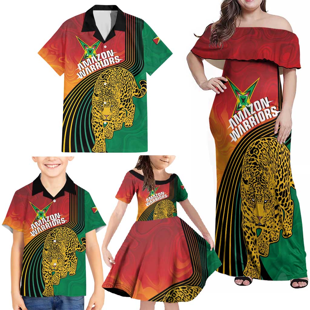 Guyana Cricket Amazon Warriors Personalized Family Matching Off Shoulder Maxi Dress and Hawaiian Shirt Fierce Jaguars - Wonder Print Shop