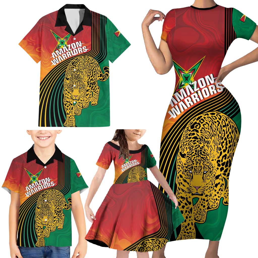 Guyana Cricket Amazon Warriors Personalized Family Matching Short Sleeve Bodycon Dress and Hawaiian Shirt Fierce Jaguars - Wonder Print Shop