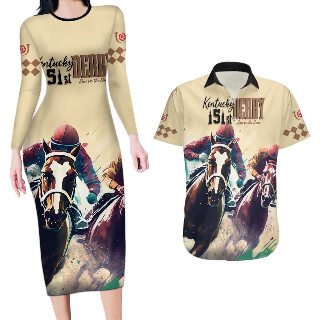 Kentucky Horse Racing 151st Personalized Couples Matching Long Sleeve Bodycon Dress and Hawaiian Shirt Derby Watercolor Style - Cream LT7