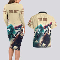 Kentucky Horse Racing 151st Personalized Couples Matching Long Sleeve Bodycon Dress and Hawaiian Shirt Derby Watercolor Style - Cream LT7