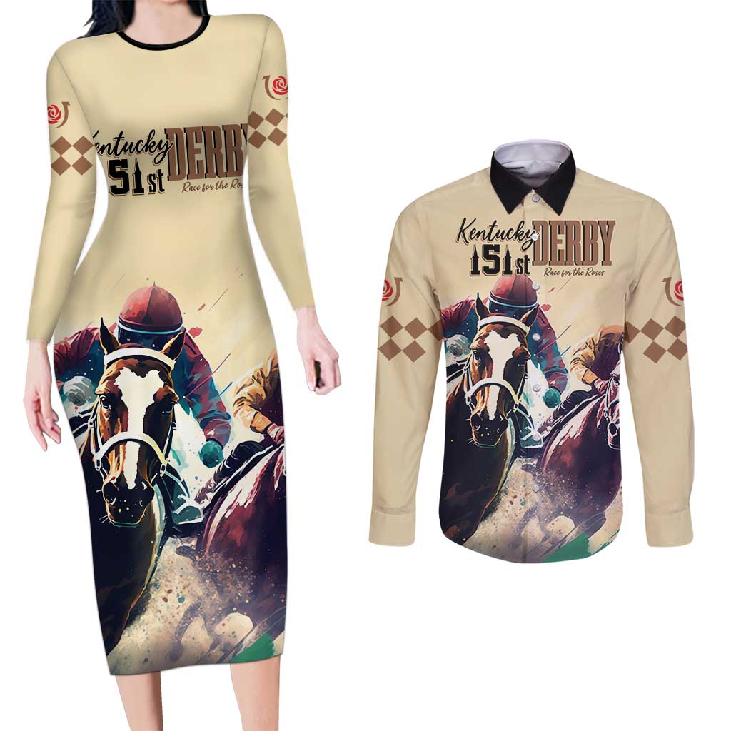 Kentucky Horse Racing 151st Personalized Couples Matching Long Sleeve Bodycon Dress and Long Sleeve Button Shirt Derby Watercolor Style - Cream LT7