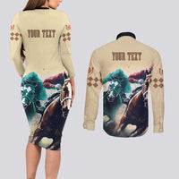Kentucky Horse Racing 151st Personalized Couples Matching Long Sleeve Bodycon Dress and Long Sleeve Button Shirt Derby Watercolor Style - Cream LT7