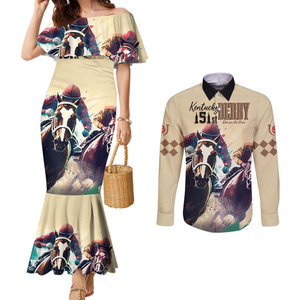 Kentucky Horse Racing 151st Personalized Couples Matching Mermaid Dress and Long Sleeve Button Shirt Derby Watercolor Style - Cream LT7