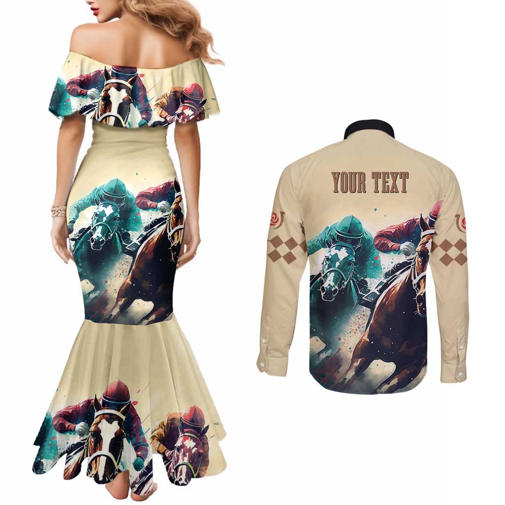 Kentucky Horse Racing 151st Personalized Couples Matching Mermaid Dress and Long Sleeve Button Shirt Derby Watercolor Style - Cream LT7