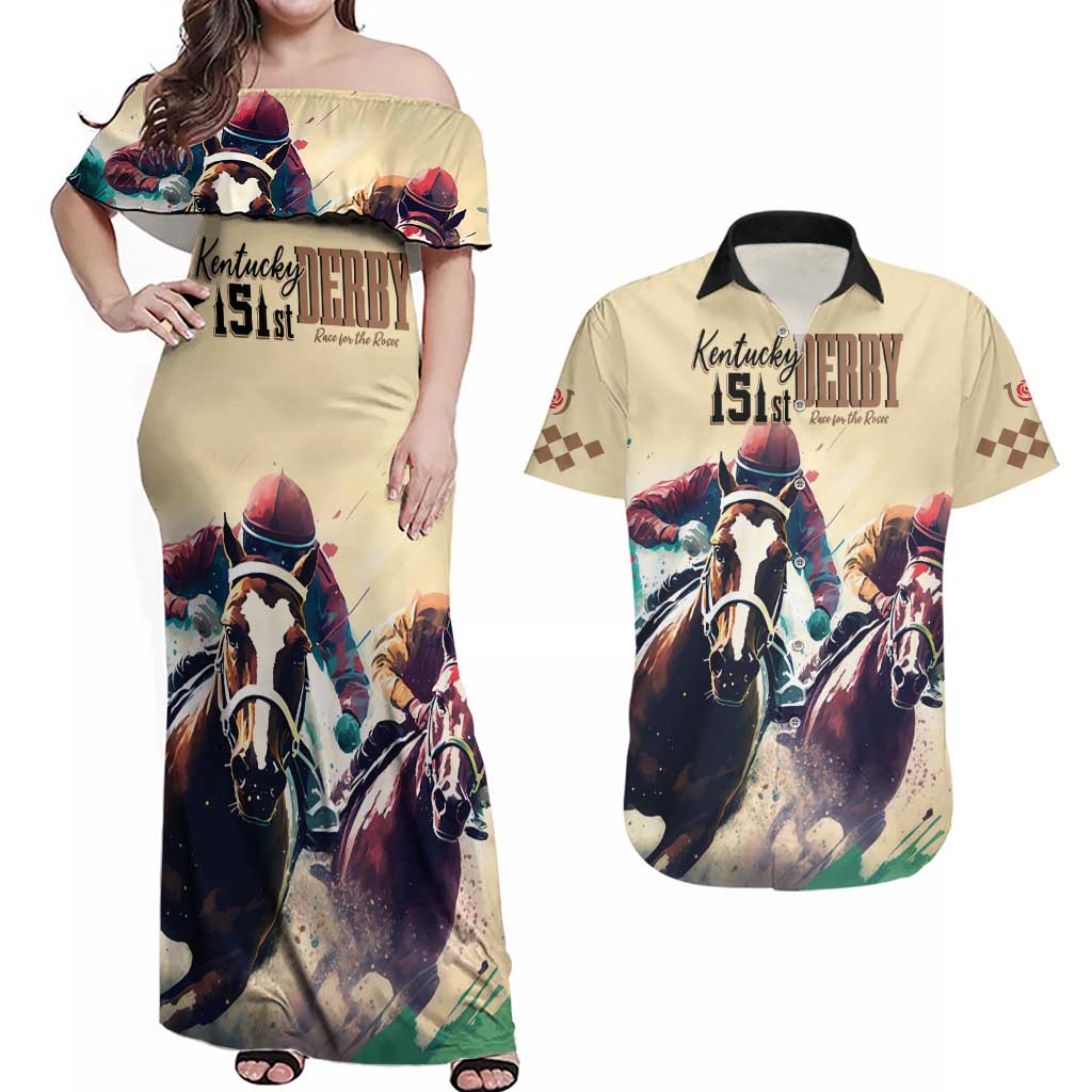 Kentucky Horse Racing 151st Personalized Couples Matching Off Shoulder Maxi Dress and Hawaiian Shirt Derby Watercolor Style - Cream LT7