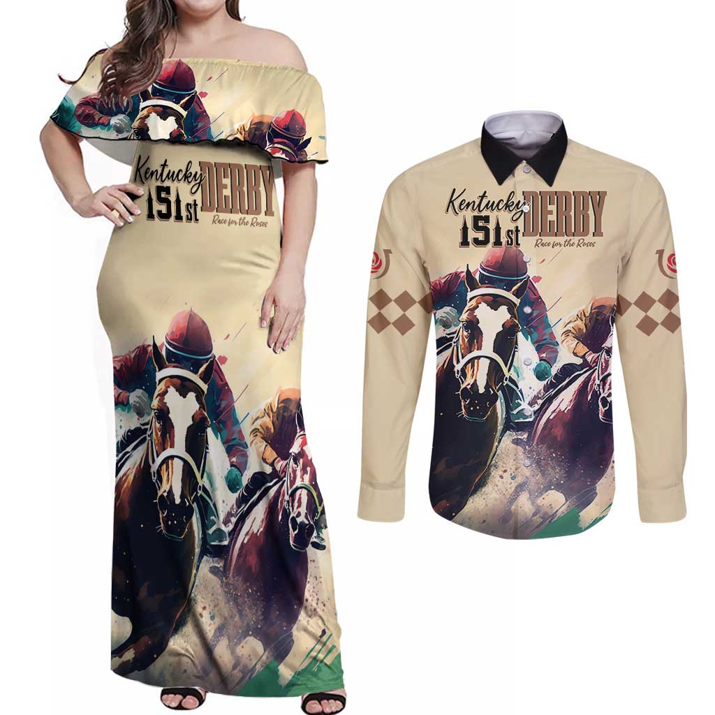 Kentucky Horse Racing 151st Personalized Couples Matching Off Shoulder Maxi Dress and Long Sleeve Button Shirt Derby Watercolor Style - Cream LT7