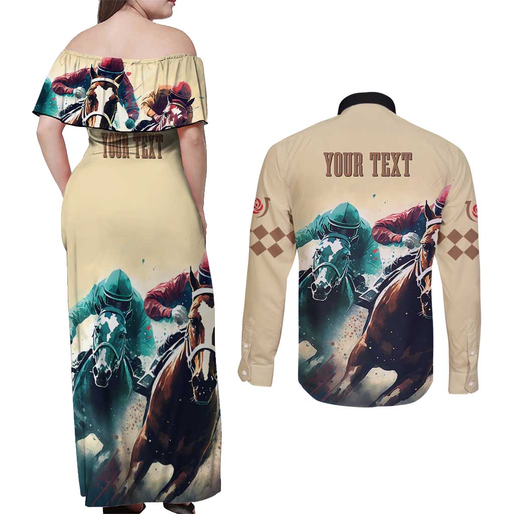 Kentucky Horse Racing 151st Personalized Couples Matching Off Shoulder Maxi Dress and Long Sleeve Button Shirt Derby Watercolor Style - Cream LT7