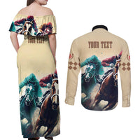 Kentucky Horse Racing 151st Personalized Couples Matching Off Shoulder Maxi Dress and Long Sleeve Button Shirt Derby Watercolor Style - Cream LT7