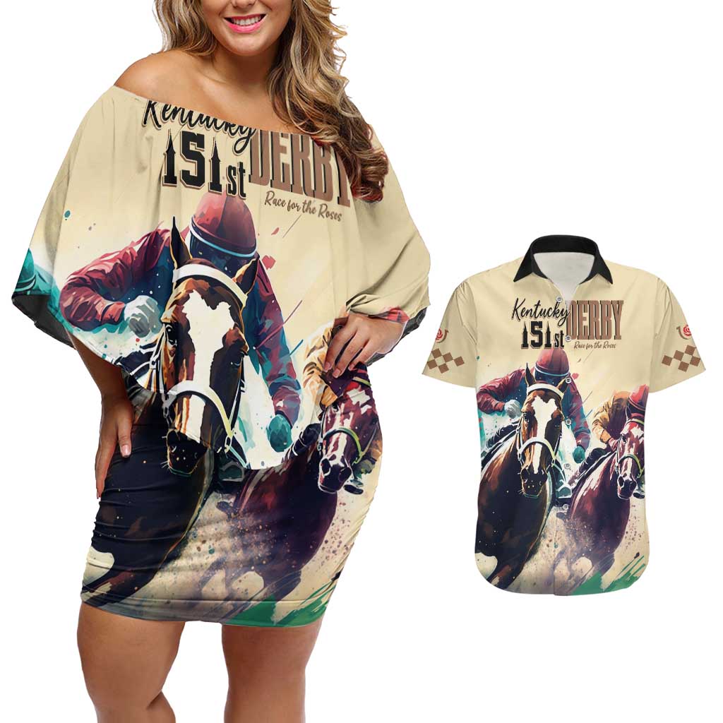 Kentucky Horse Racing 151st Personalized Couples Matching Off Shoulder Short Dress and Hawaiian Shirt Derby Watercolor Style - Cream LT7