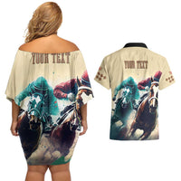 Kentucky Horse Racing 151st Personalized Couples Matching Off Shoulder Short Dress and Hawaiian Shirt Derby Watercolor Style - Cream LT7