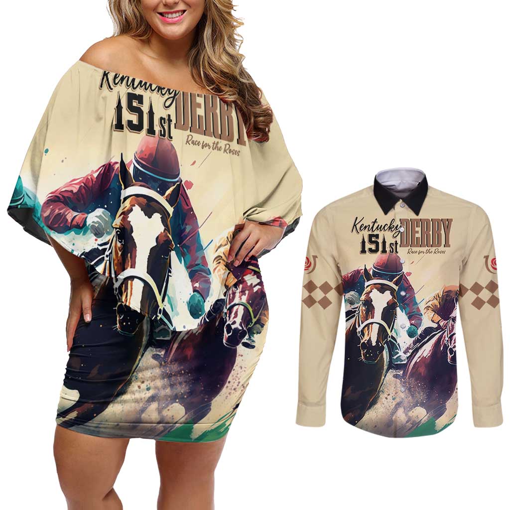 Kentucky Horse Racing 151st Personalized Couples Matching Off Shoulder Short Dress and Long Sleeve Button Shirt Derby Watercolor Style - Cream LT7