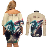 Kentucky Horse Racing 151st Personalized Couples Matching Off Shoulder Short Dress and Long Sleeve Button Shirt Derby Watercolor Style - Cream LT7