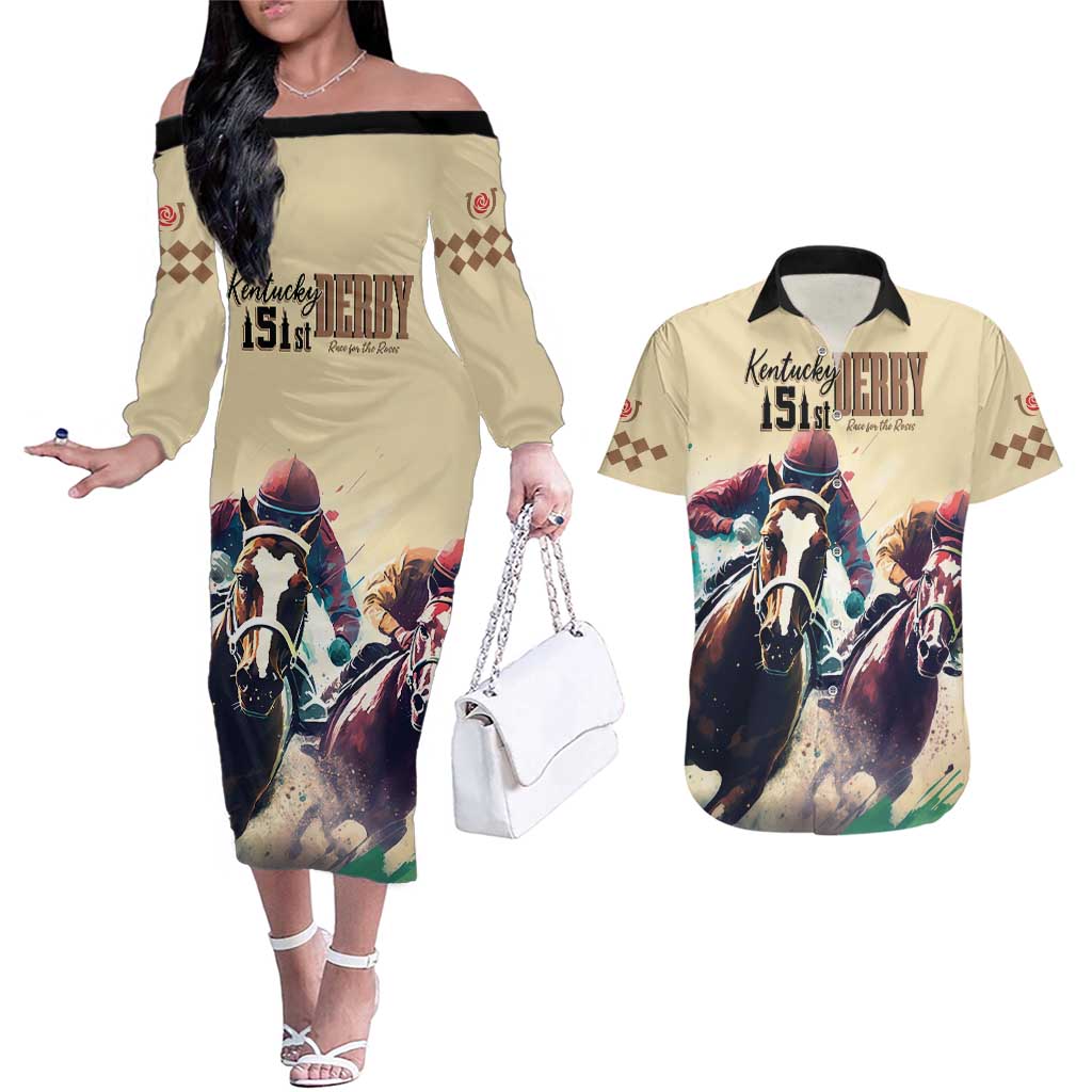 Kentucky Horse Racing 151st Personalized Couples Matching Off The Shoulder Long Sleeve Dress and Hawaiian Shirt Derby Watercolor Style - Cream LT7