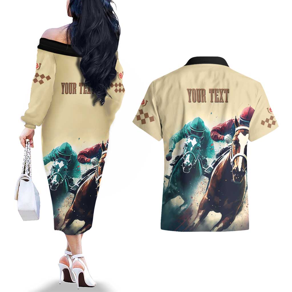 Kentucky Horse Racing 151st Personalized Couples Matching Off The Shoulder Long Sleeve Dress and Hawaiian Shirt Derby Watercolor Style - Cream LT7
