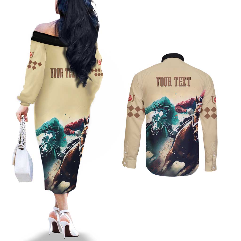 Kentucky Horse Racing 151st Personalized Couples Matching Off The Shoulder Long Sleeve Dress and Long Sleeve Button Shirt Derby Watercolor Style - Cream LT7
