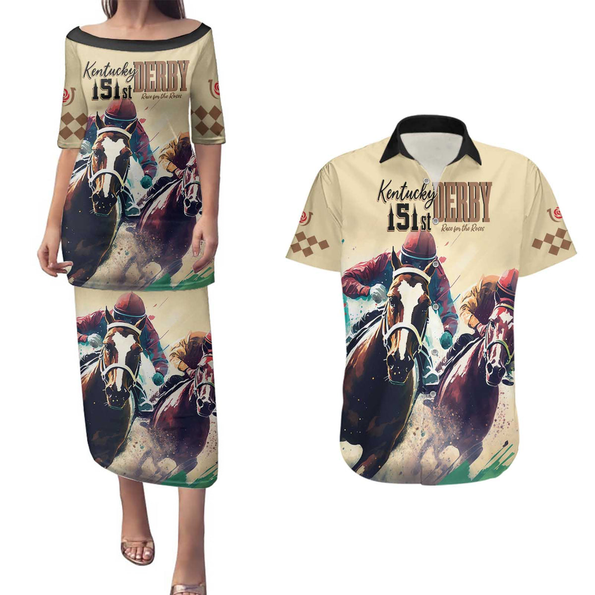 Kentucky Horse Racing 151st Personalized Couples Matching Puletasi and Hawaiian Shirt Derby Watercolor Style - Cream LT7