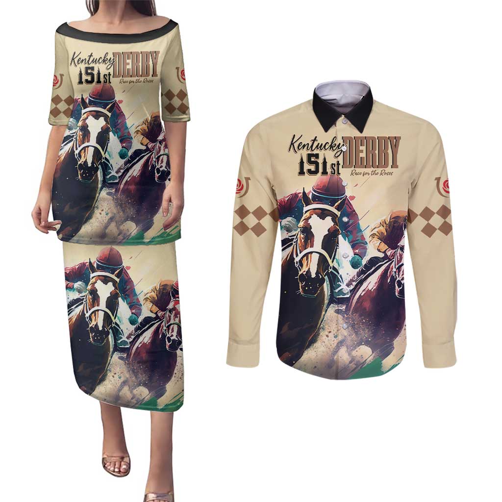 Kentucky Horse Racing 151st Personalized Couples Matching Puletasi and Long Sleeve Button Shirt Derby Watercolor Style - Cream LT7