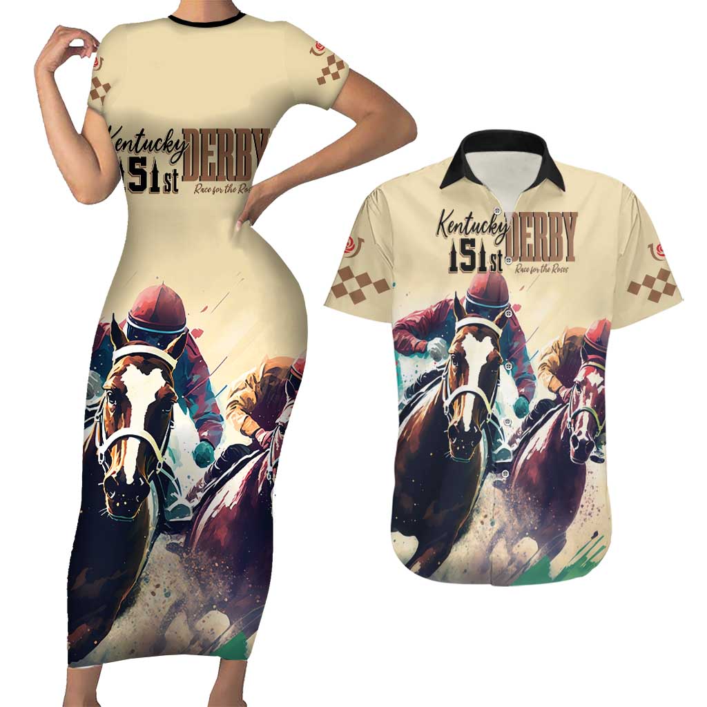 Kentucky Horse Racing 151st Personalized Couples Matching Short Sleeve Bodycon Dress and Hawaiian Shirt Derby Watercolor Style - Cream LT7