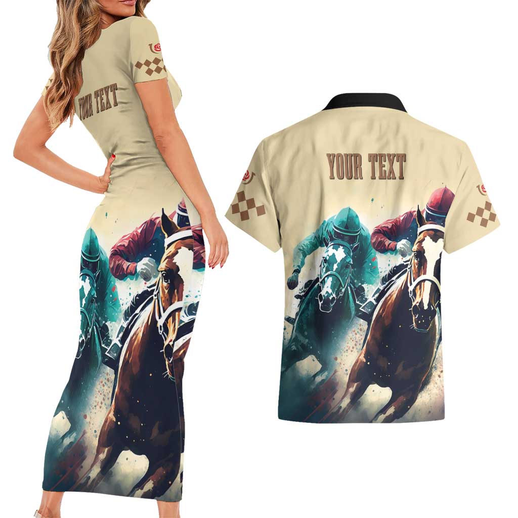 Kentucky Horse Racing 151st Personalized Couples Matching Short Sleeve Bodycon Dress and Hawaiian Shirt Derby Watercolor Style - Cream LT7