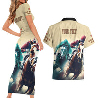 Kentucky Horse Racing 151st Personalized Couples Matching Short Sleeve Bodycon Dress and Hawaiian Shirt Derby Watercolor Style - Cream LT7