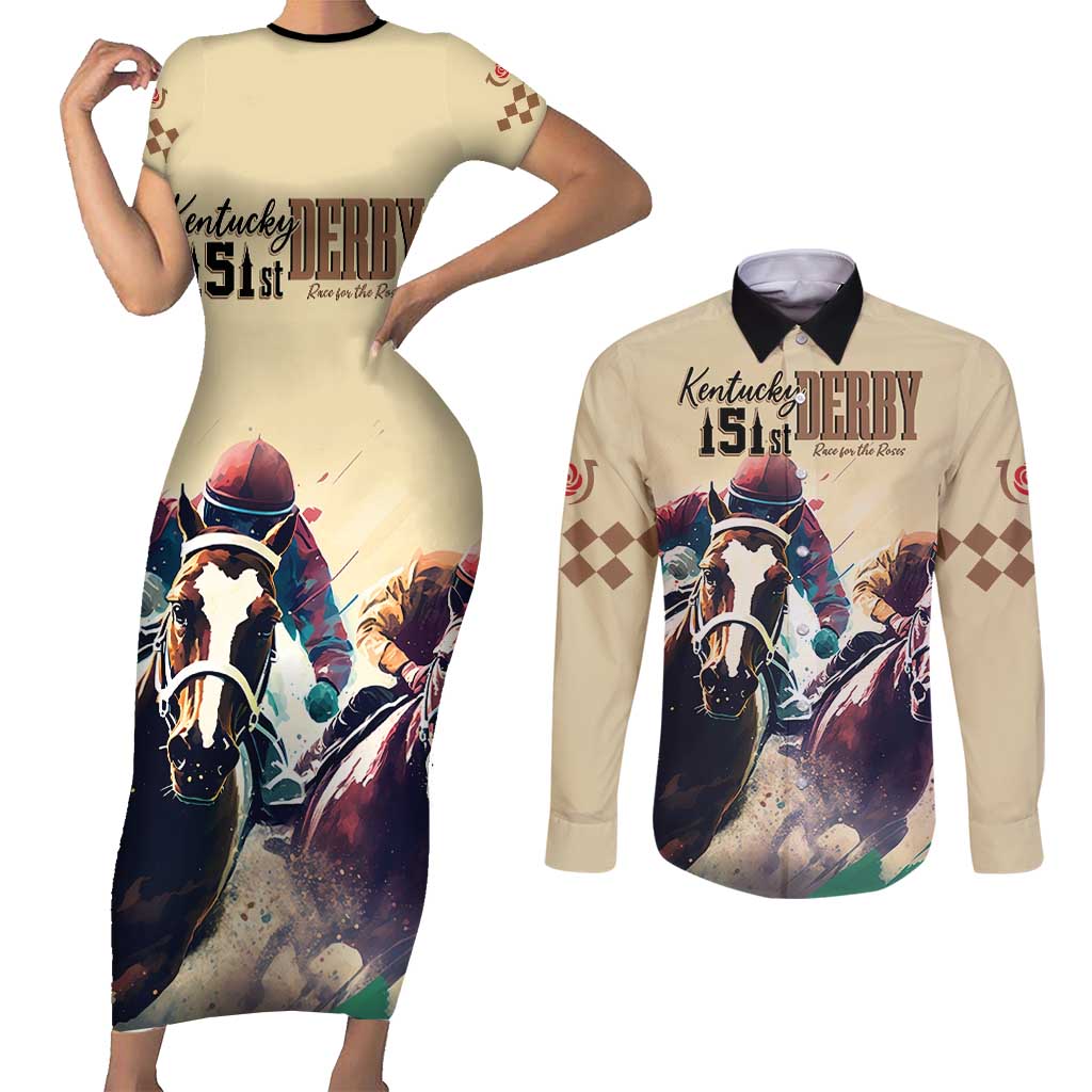 Kentucky Horse Racing 151st Personalized Couples Matching Short Sleeve Bodycon Dress and Long Sleeve Button Shirt Derby Watercolor Style - Cream LT7