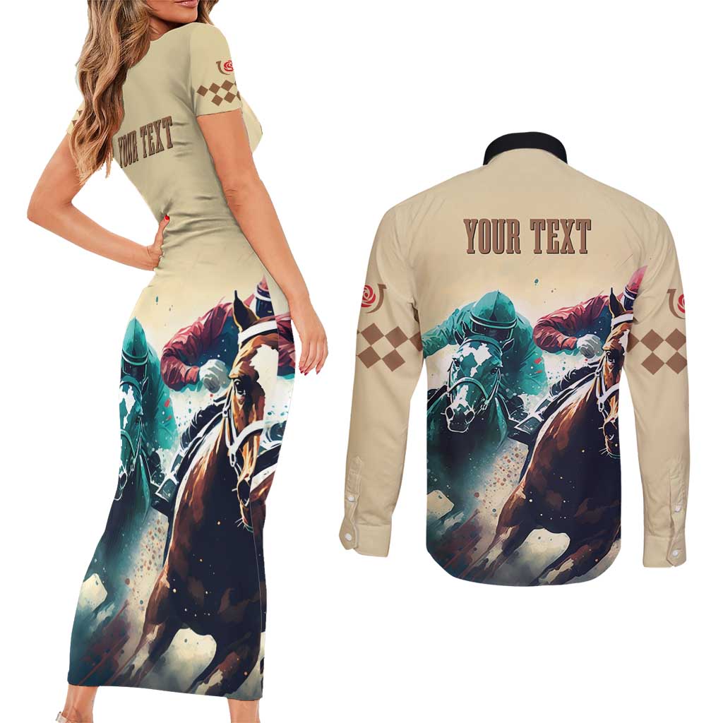 Kentucky Horse Racing 151st Personalized Couples Matching Short Sleeve Bodycon Dress and Long Sleeve Button Shirt Derby Watercolor Style - Cream LT7