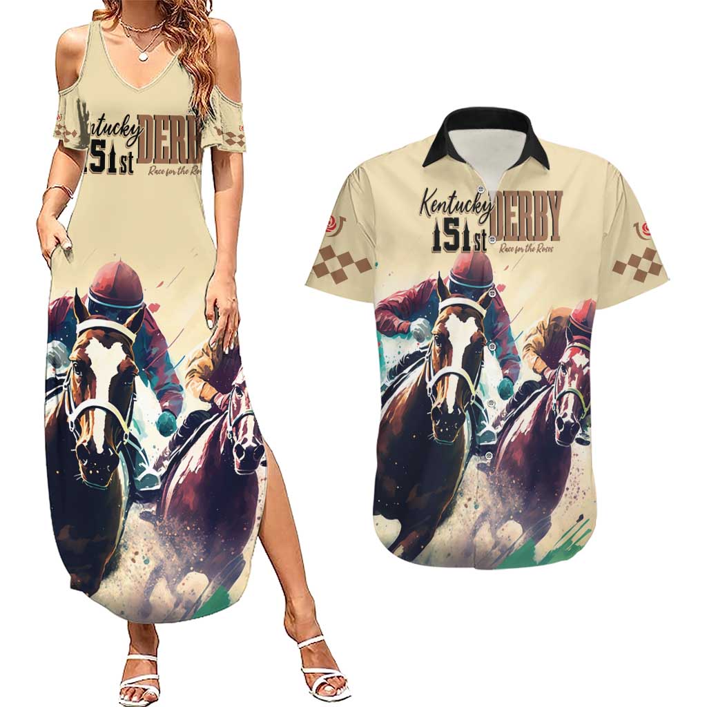 Kentucky Horse Racing 151st Personalized Couples Matching Summer Maxi Dress and Hawaiian Shirt Derby Watercolor Style - Cream LT7
