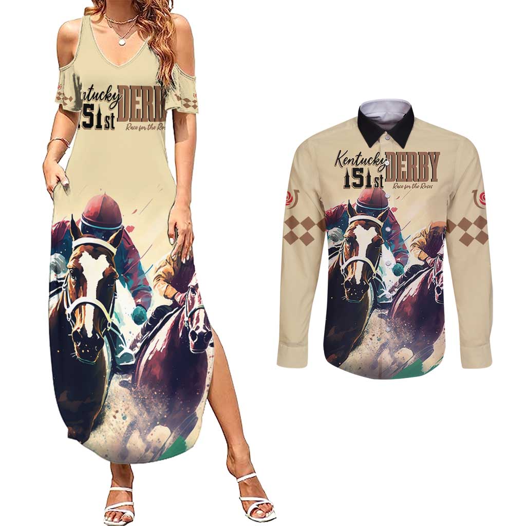 Kentucky Horse Racing 151st Personalized Couples Matching Summer Maxi Dress and Long Sleeve Button Shirt Derby Watercolor Style - Cream LT7