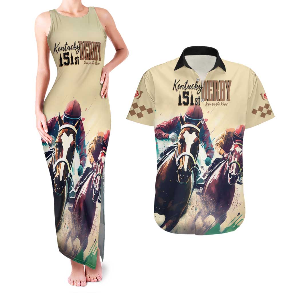 Kentucky Horse Racing 151st Personalized Couples Matching Tank Maxi Dress and Hawaiian Shirt Derby Watercolor Style - Cream LT7