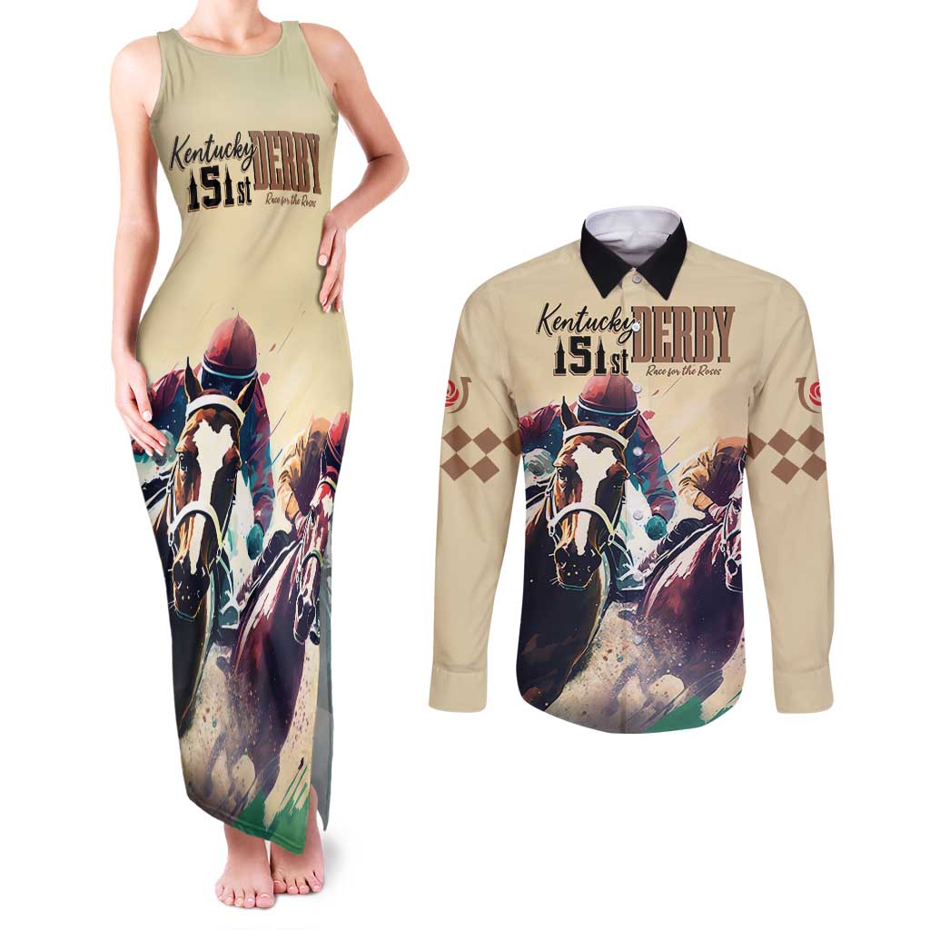 Kentucky Horse Racing 151st Personalized Couples Matching Tank Maxi Dress and Long Sleeve Button Shirt Derby Watercolor Style - Cream LT7