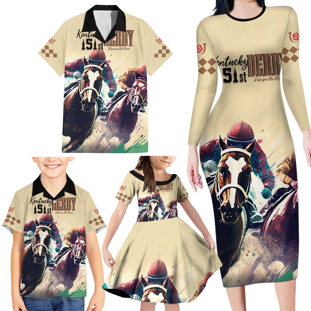 Kentucky Horse Racing 151st Personalized Family Matching Long Sleeve Bodycon Dress and Hawaiian Shirt Derby Watercolor Style - Cream LT7