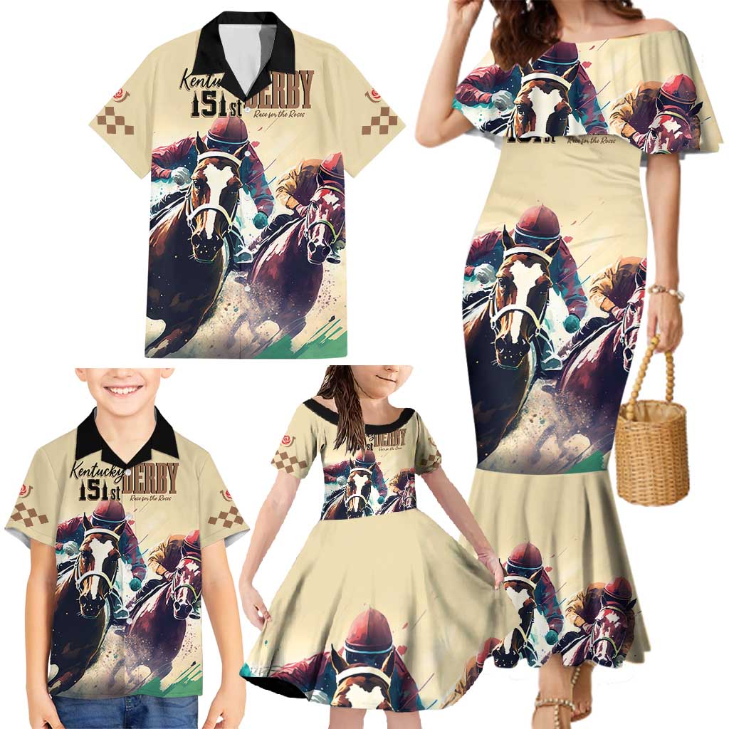 Kentucky Horse Racing 151st Personalized Family Matching Mermaid Dress and Hawaiian Shirt Derby Watercolor Style - Cream LT7