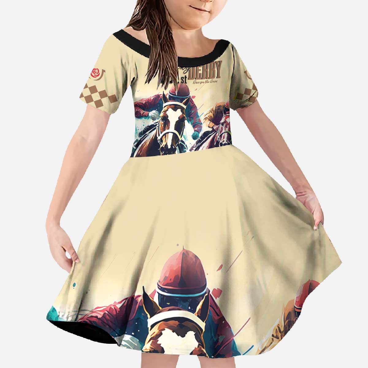 Kentucky Horse Racing 151st Personalized Family Matching Off Shoulder Long Sleeve Dress and Hawaiian Shirt Derby Watercolor Style - Cream LT7