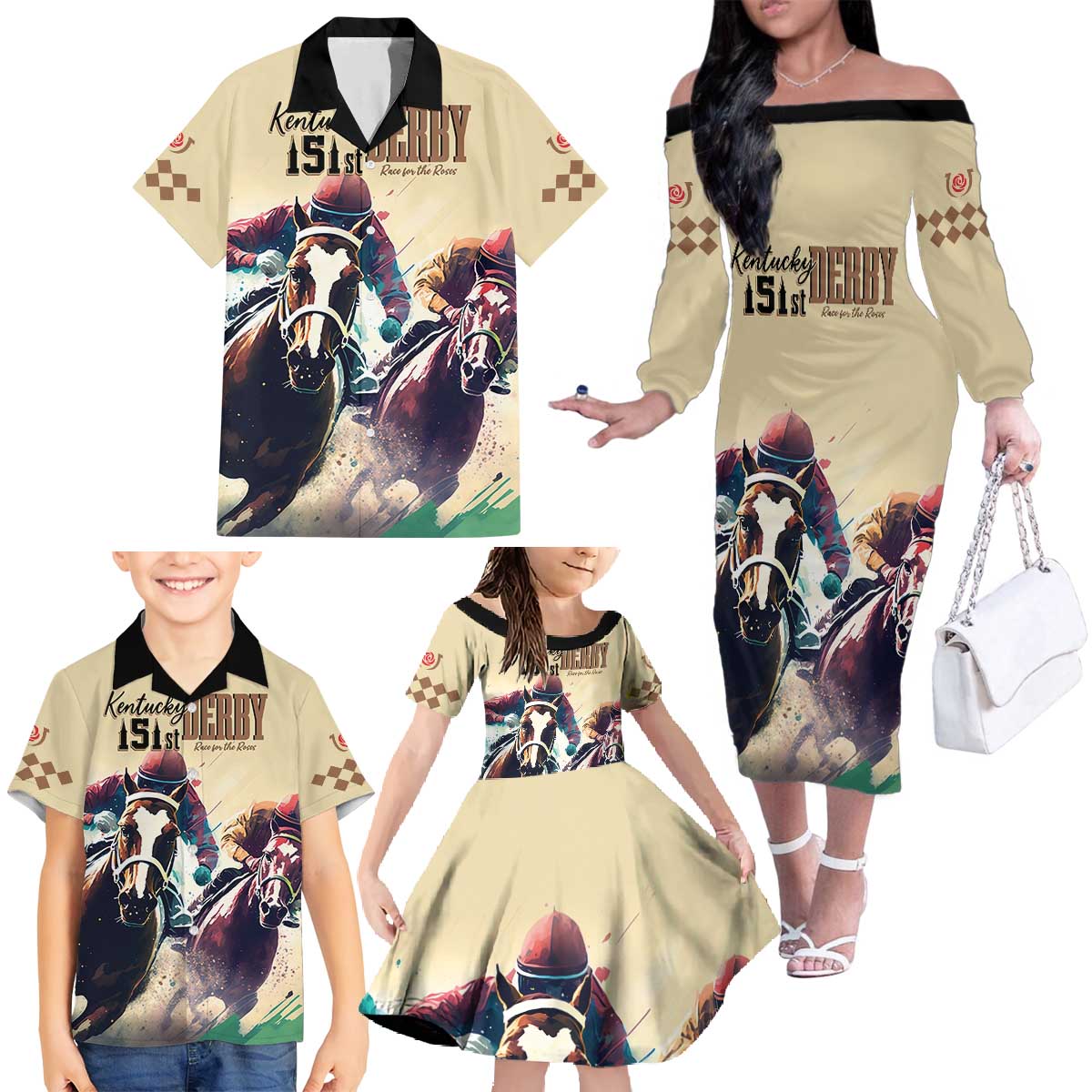 Kentucky Horse Racing 151st Personalized Family Matching Off Shoulder Long Sleeve Dress and Hawaiian Shirt Derby Watercolor Style - Cream LT7
