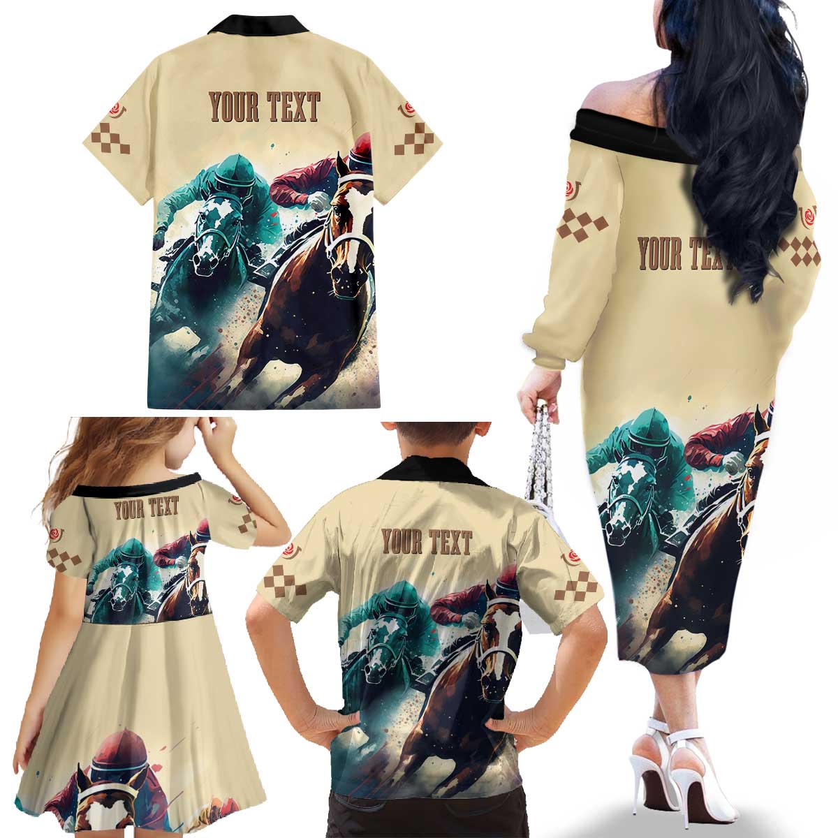 Kentucky Horse Racing 151st Personalized Family Matching Off Shoulder Long Sleeve Dress and Hawaiian Shirt Derby Watercolor Style - Cream LT7