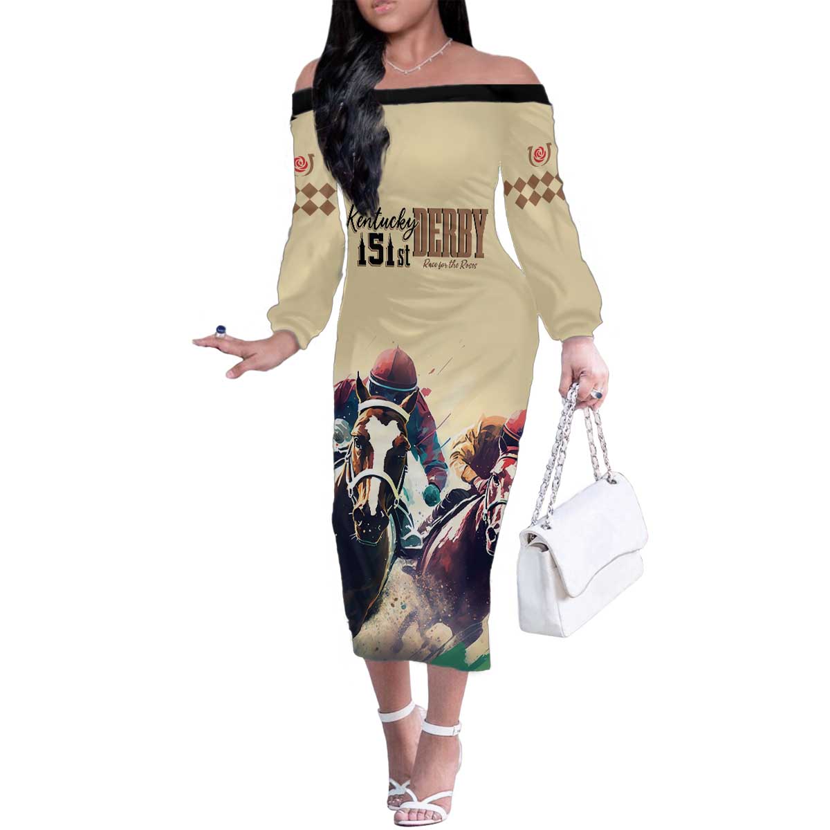 Kentucky Horse Racing 151st Personalized Family Matching Off Shoulder Long Sleeve Dress and Hawaiian Shirt Derby Watercolor Style - Cream LT7